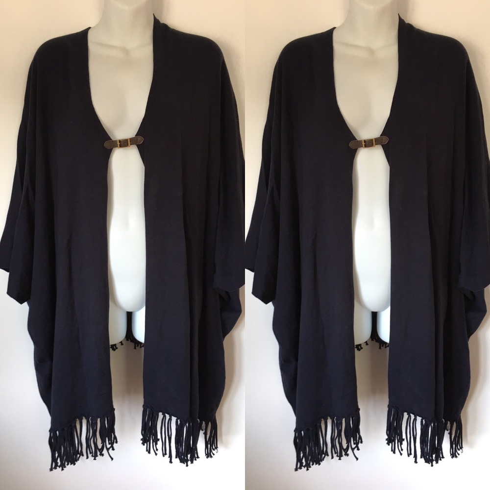 Neiman Marcus Black Fringe Cape with Buckle Accent